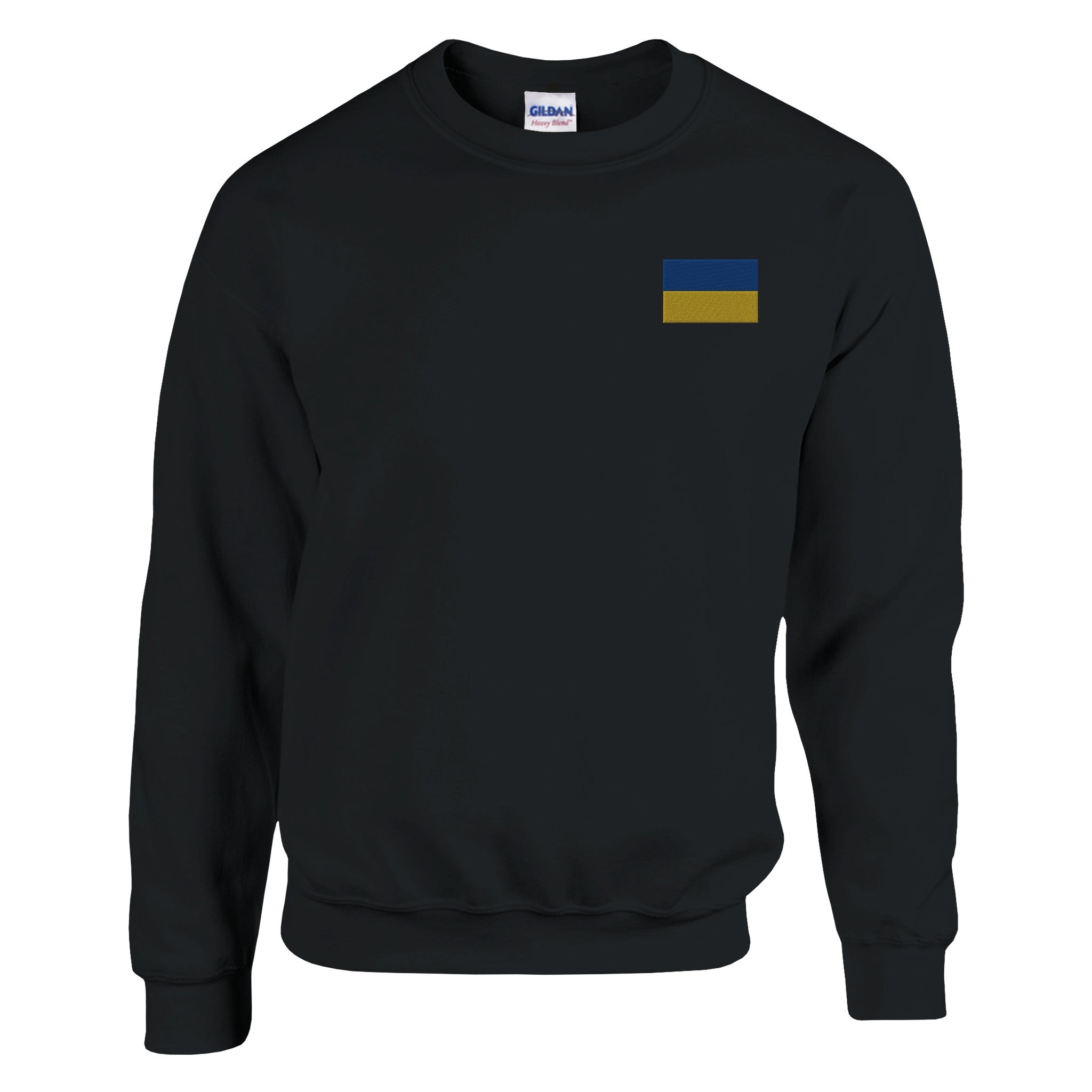 Sweat-shirt en broderie avec le drapeau de l'Ukraine, en mélange de coton et polyester, affichant une couture aiguille double et une coupe classique.