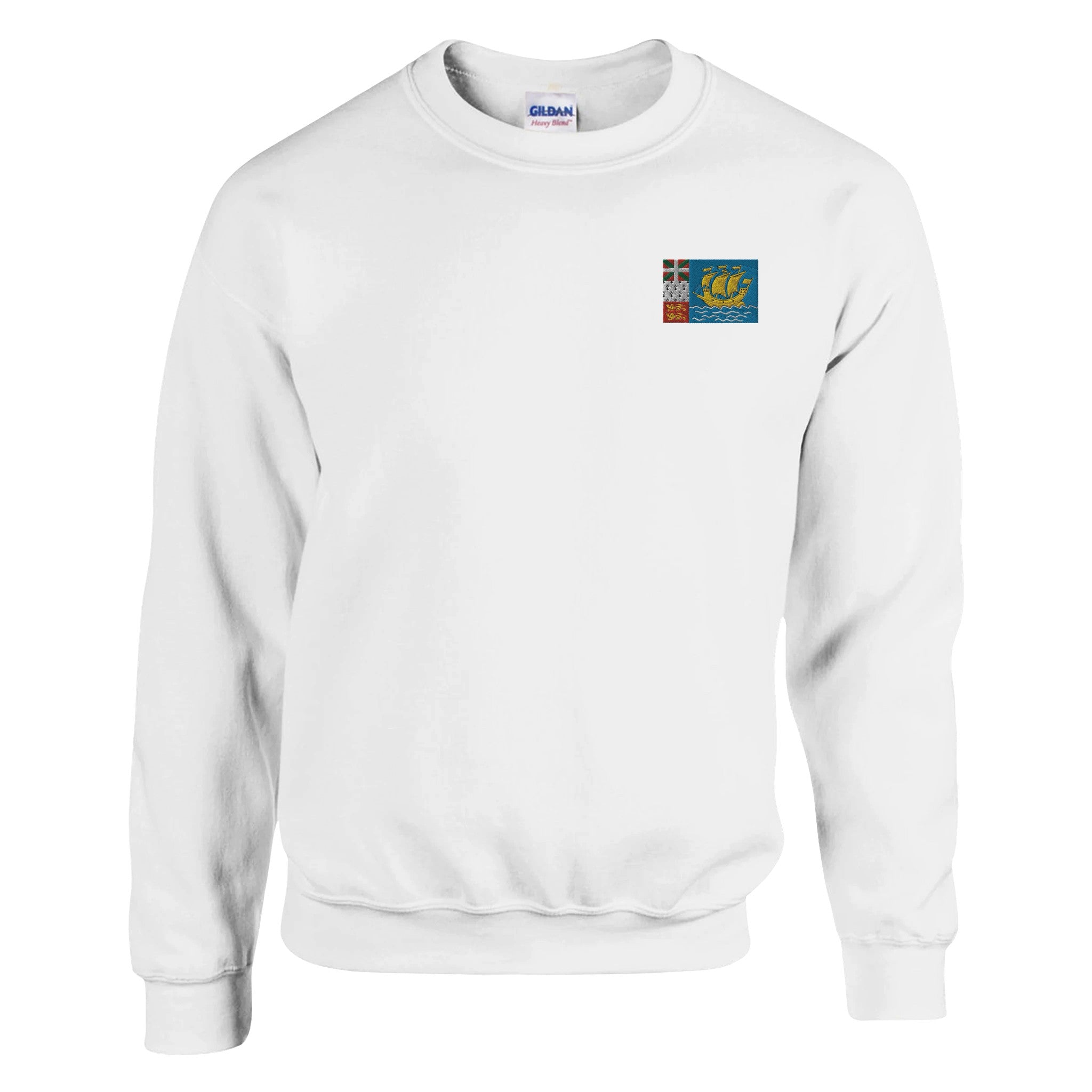 Sweat-shirt en coton et polyester avec broderie du drapeau de Saint-Pierre-et-Miquelon, couleur classique, coupe confortable.