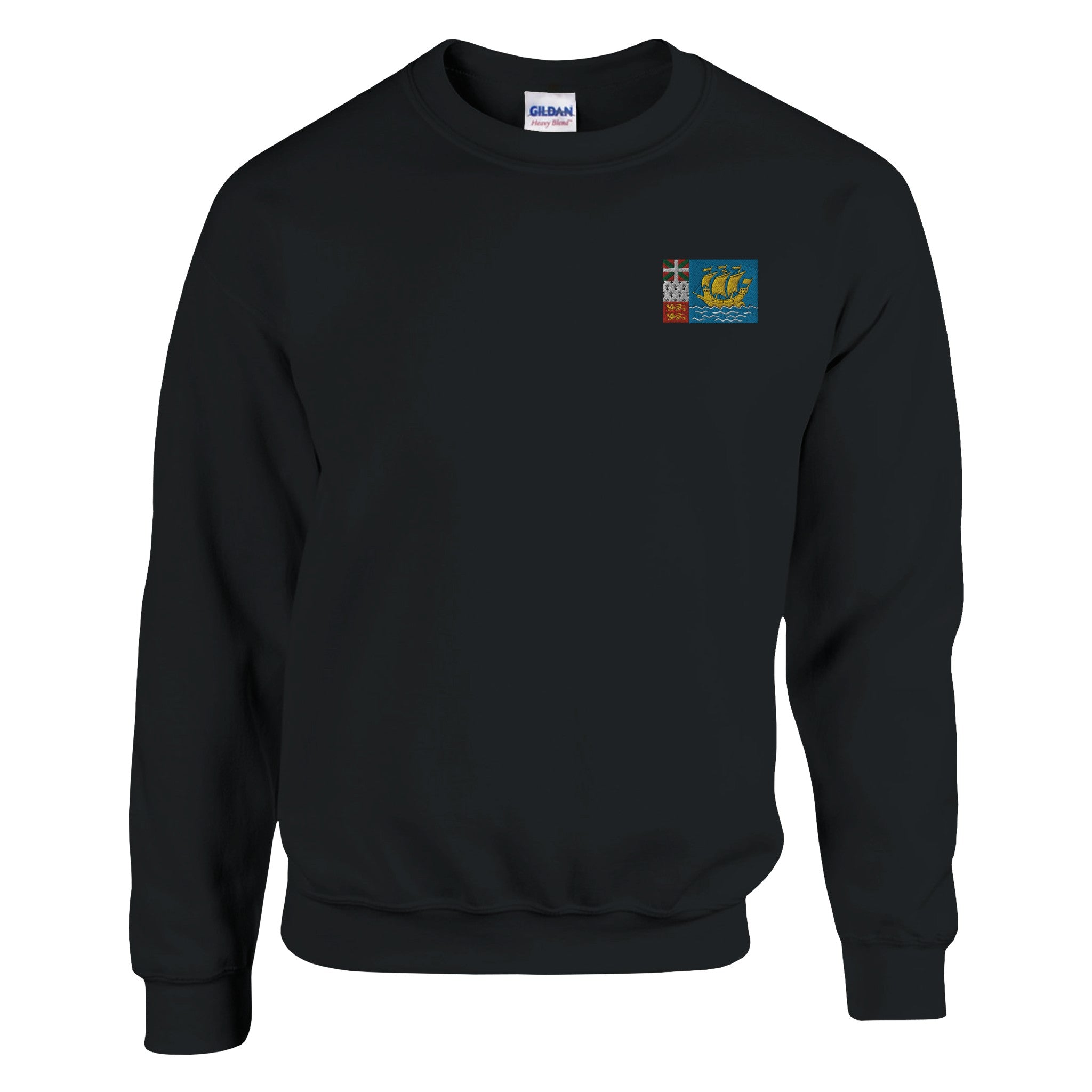 Sweat-shirt en coton et polyester avec broderie du drapeau de Saint-Pierre-et-Miquelon, couleur classique, coupe confortable.