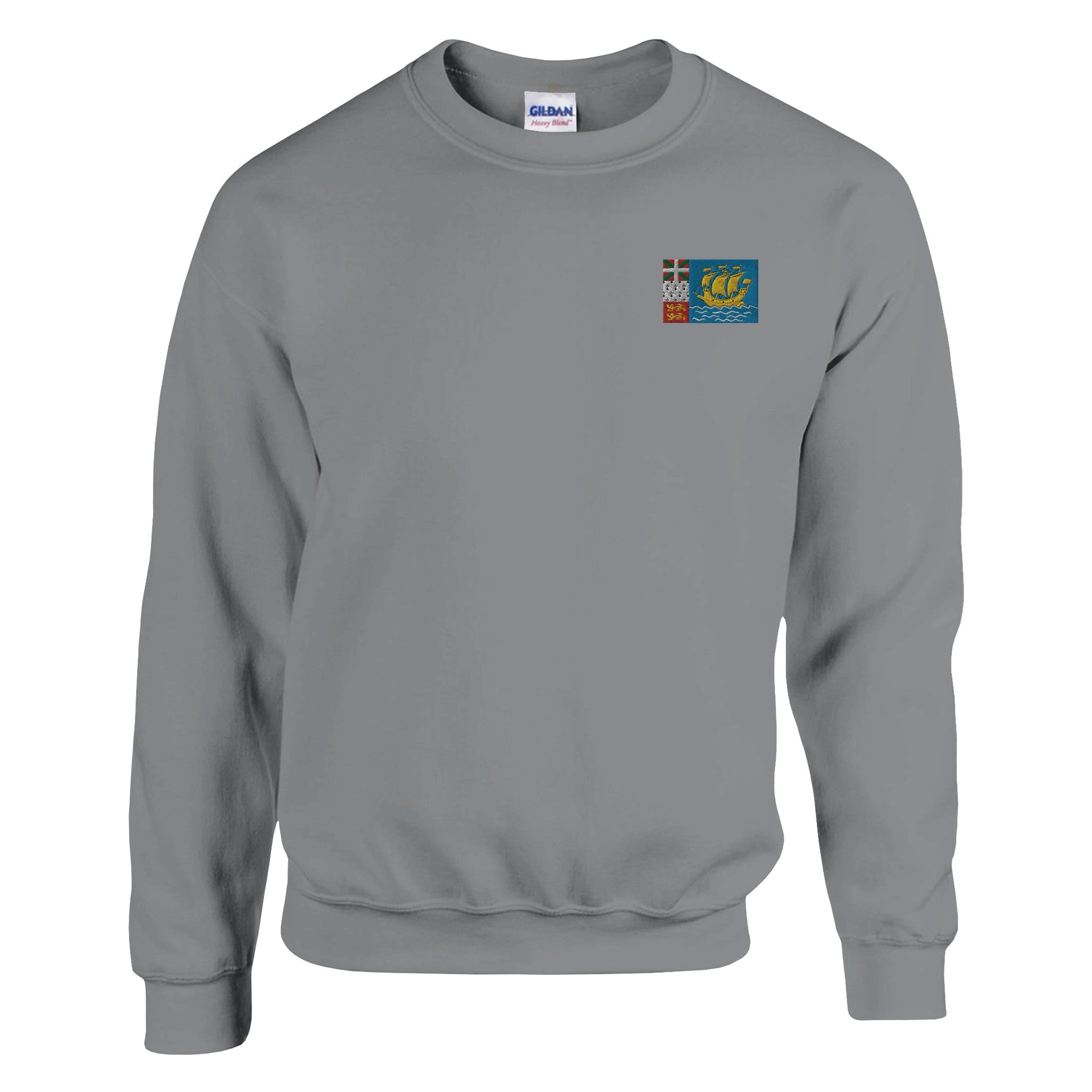 Sweat-shirt en coton et polyester avec broderie du drapeau de Saint-Pierre-et-Miquelon, couleur classique, coupe confortable.