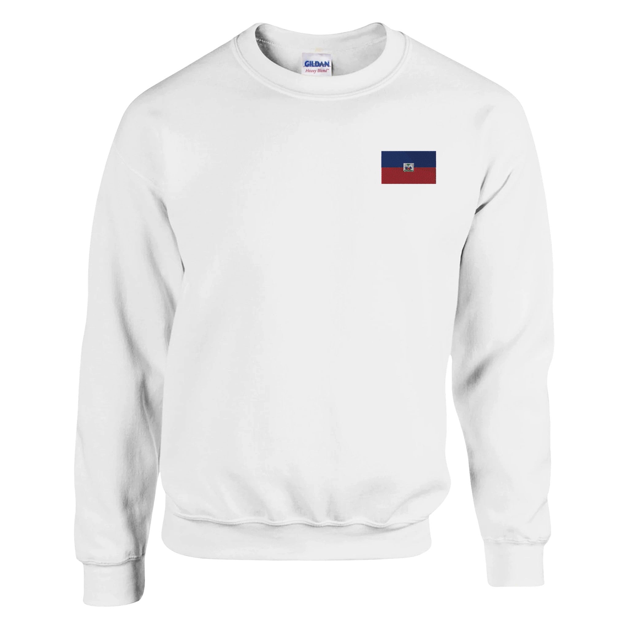 Sweat-shirt en broderie avec le drapeau d'Haïti, mélange de coton et polyester, coupe classique, idéal pour un style décontracté.