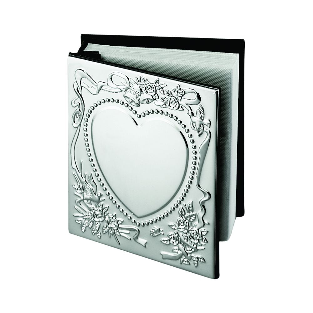 Sweetheart Style Album with beaded heart design, bells, ribbon, roses, and doves, nickel plated finish.