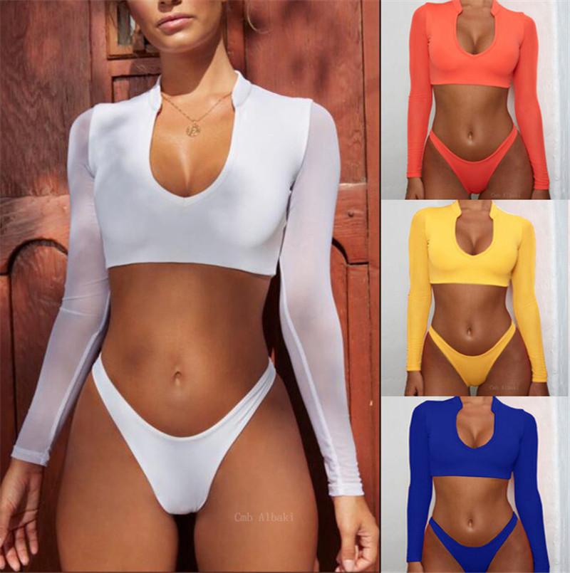 High Waist Long Sleeves Bikinis Set for Women featuring a tank top and reversible bikini bottom, perfect for beach and pool outings.