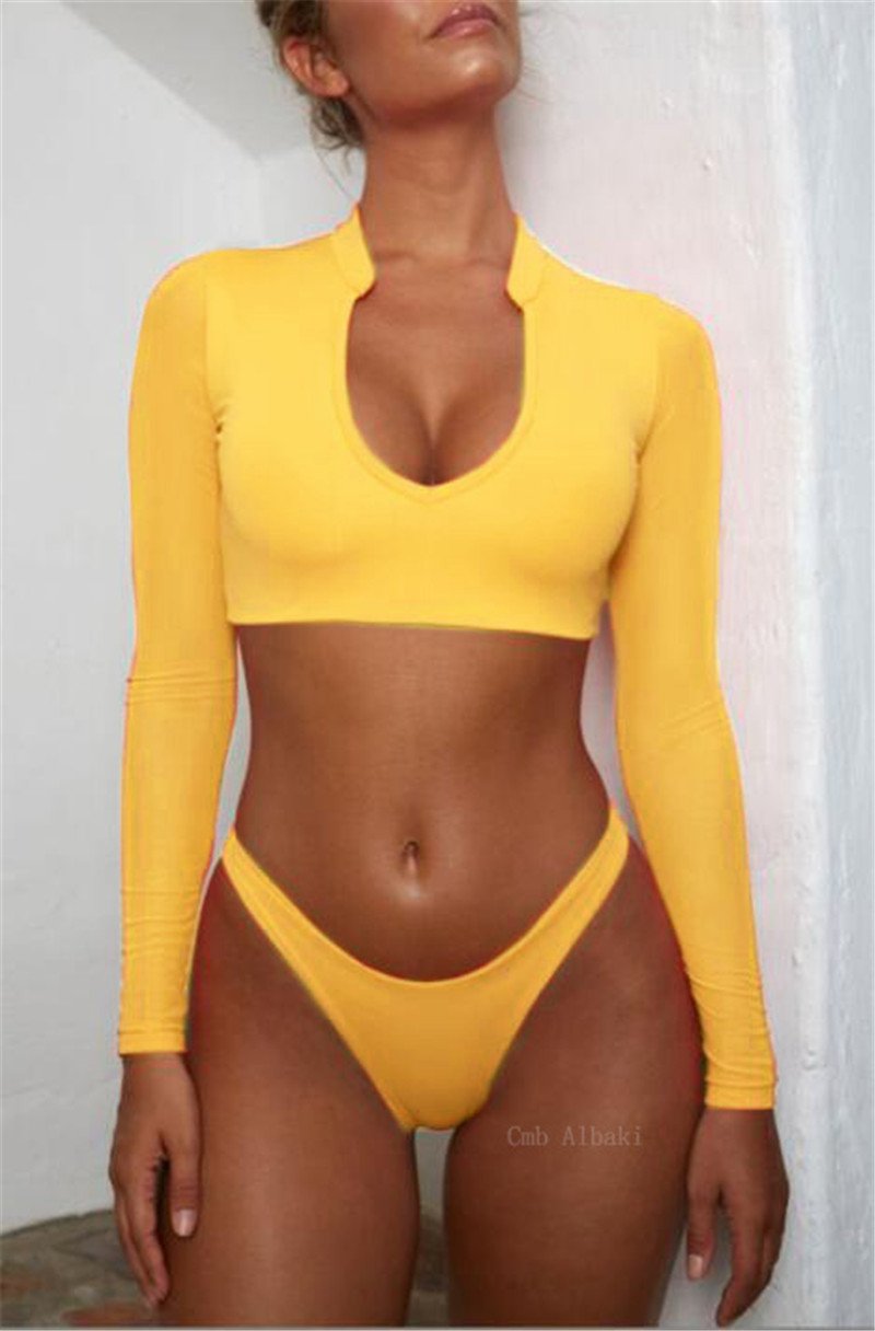 High Waist Long Sleeves Bikinis Set for Women featuring a tank top and reversible bikini bottom, perfect for beach and pool outings.