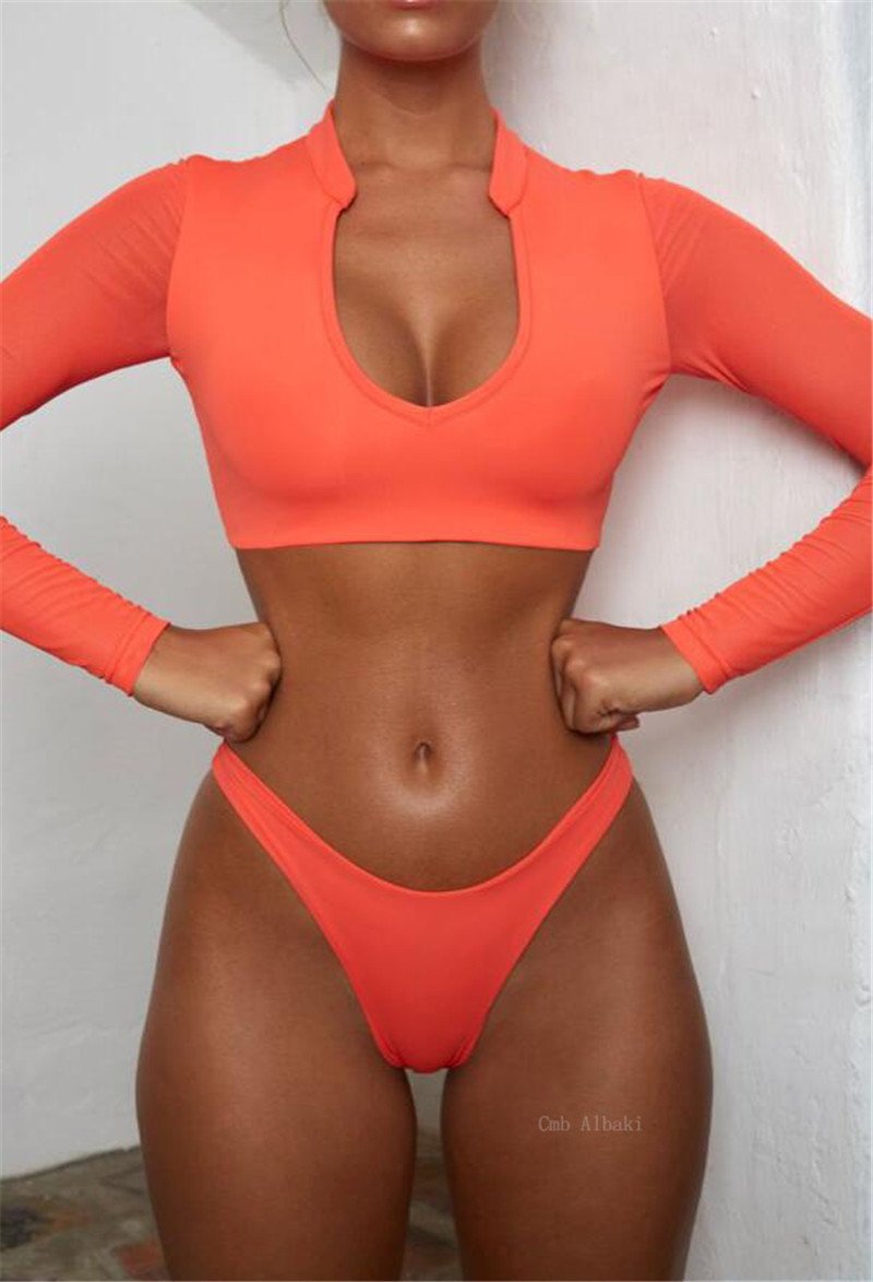 High Waist Long Sleeves Bikinis Set for Women featuring a tank top and reversible bikini bottom, perfect for beach and pool outings.