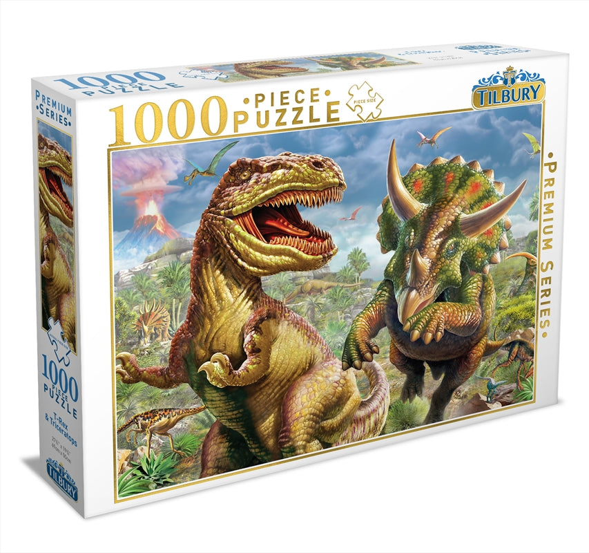 A colorful 1000 piece puzzle featuring a T-Rex and Triceratops in a dramatic prehistoric scene.