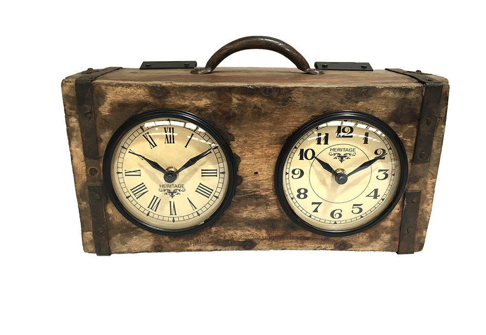 Brick Mould Dual Dial Table Clock with antique finish and handcrafted design, showcasing dual dials.