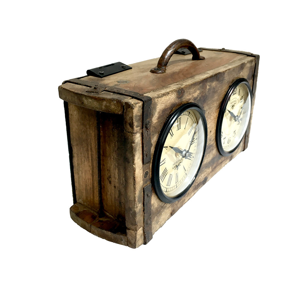 Brick Mould Dual Dial Table Clock with antique finish and handcrafted design, showcasing dual dials.