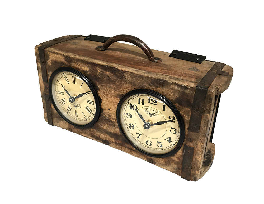 Brick Mould Dual Dial Table Clock with antique finish and handcrafted design, showcasing dual dials.