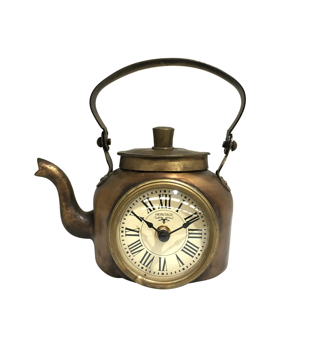 Old Brass Tea Kettle Clock with intricate detailing and antique finish, perfect for home decor.