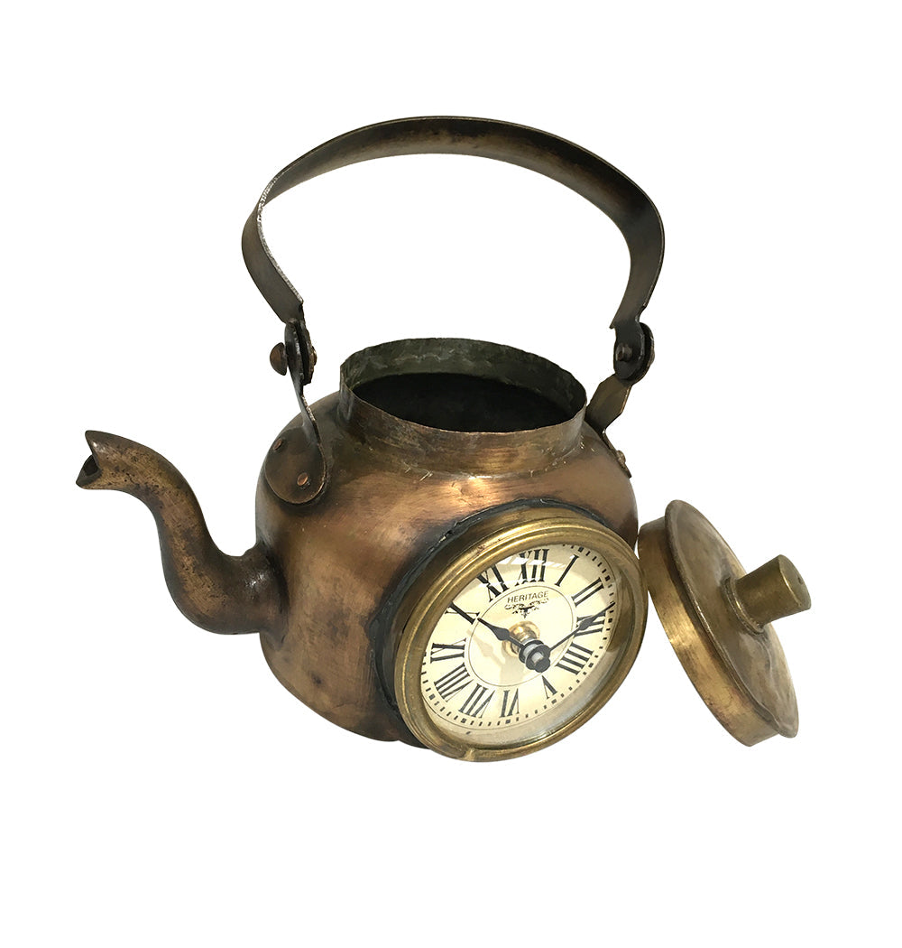 Old Brass Tea Kettle Clock with intricate detailing and antique finish, perfect for home decor.