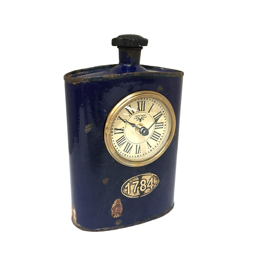 Old Iron Drinking Flask Table Clock with antique finish and handcrafted details, perfect for home decor.