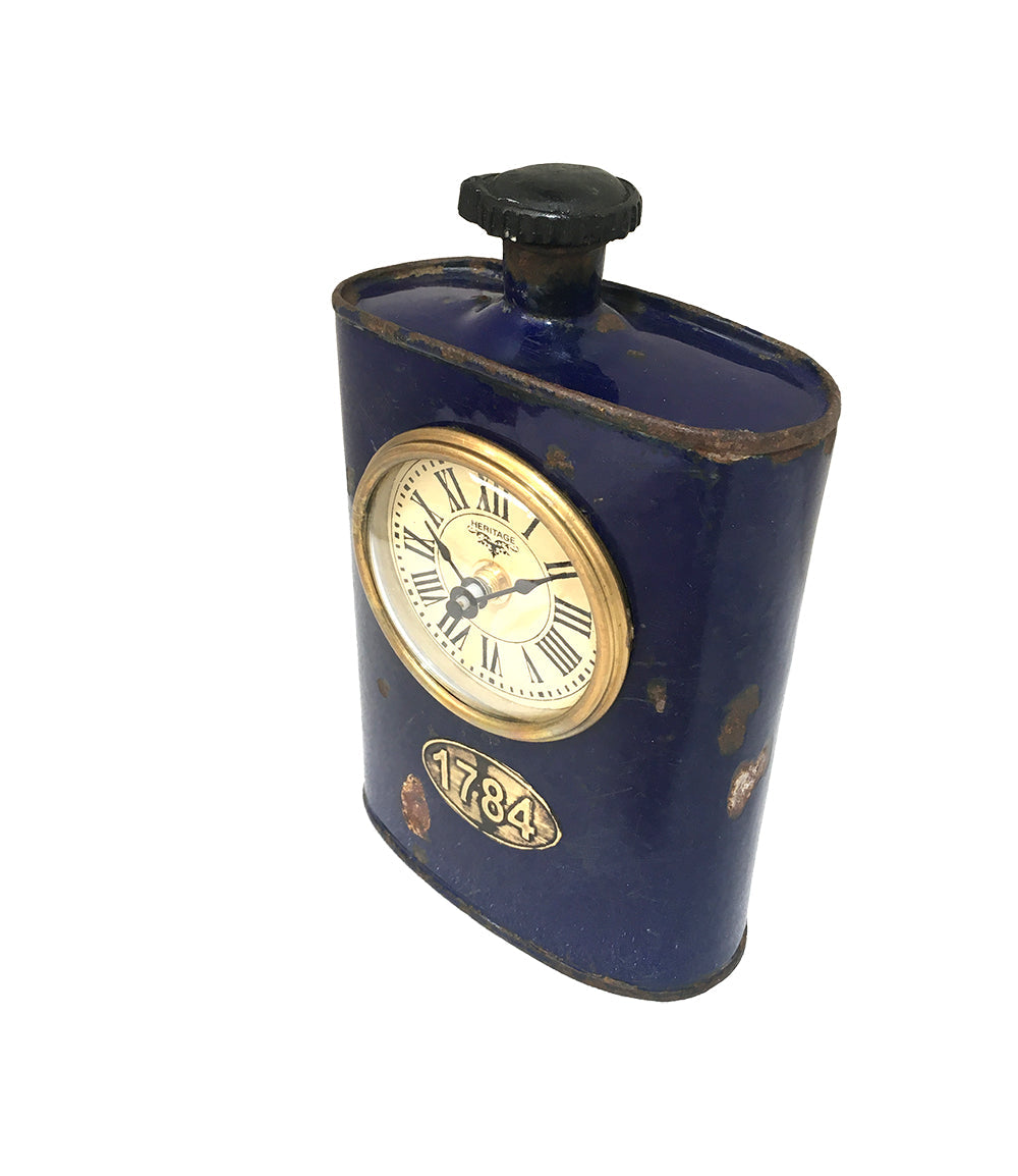 Old Iron Drinking Flask Table Clock with antique finish and handcrafted details, perfect for home decor.