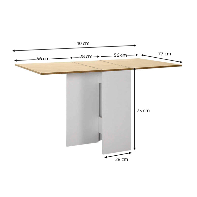 Extendable dining table SARA in white and oak finish, showcasing its compact design and elegant style.