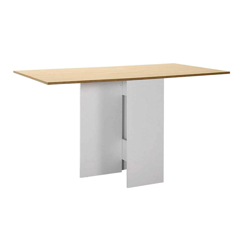 Extendable dining table SARA in white and oak finish, showcasing its compact design and elegant style.