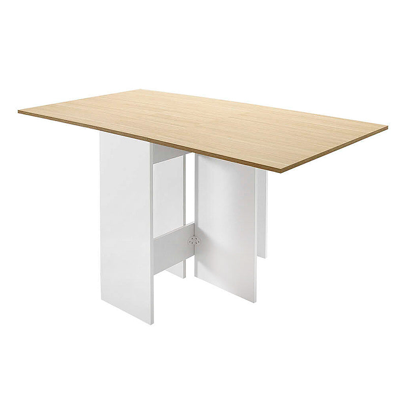 Extendable dining table SARA in white and oak finish, showcasing its compact design and elegant style.