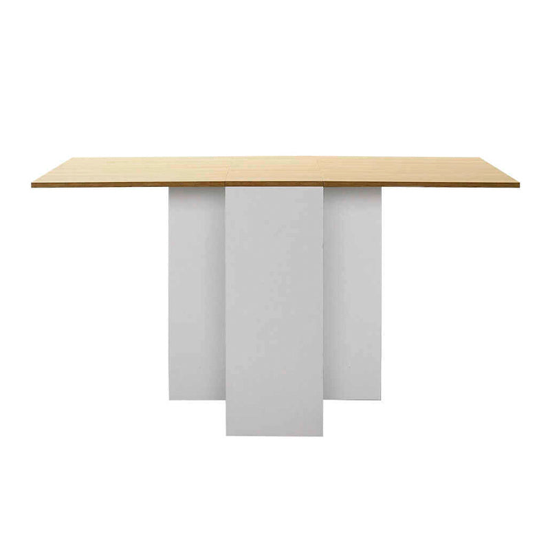 Extendable dining table SARA in white and oak finish, showcasing its compact design and elegant style.