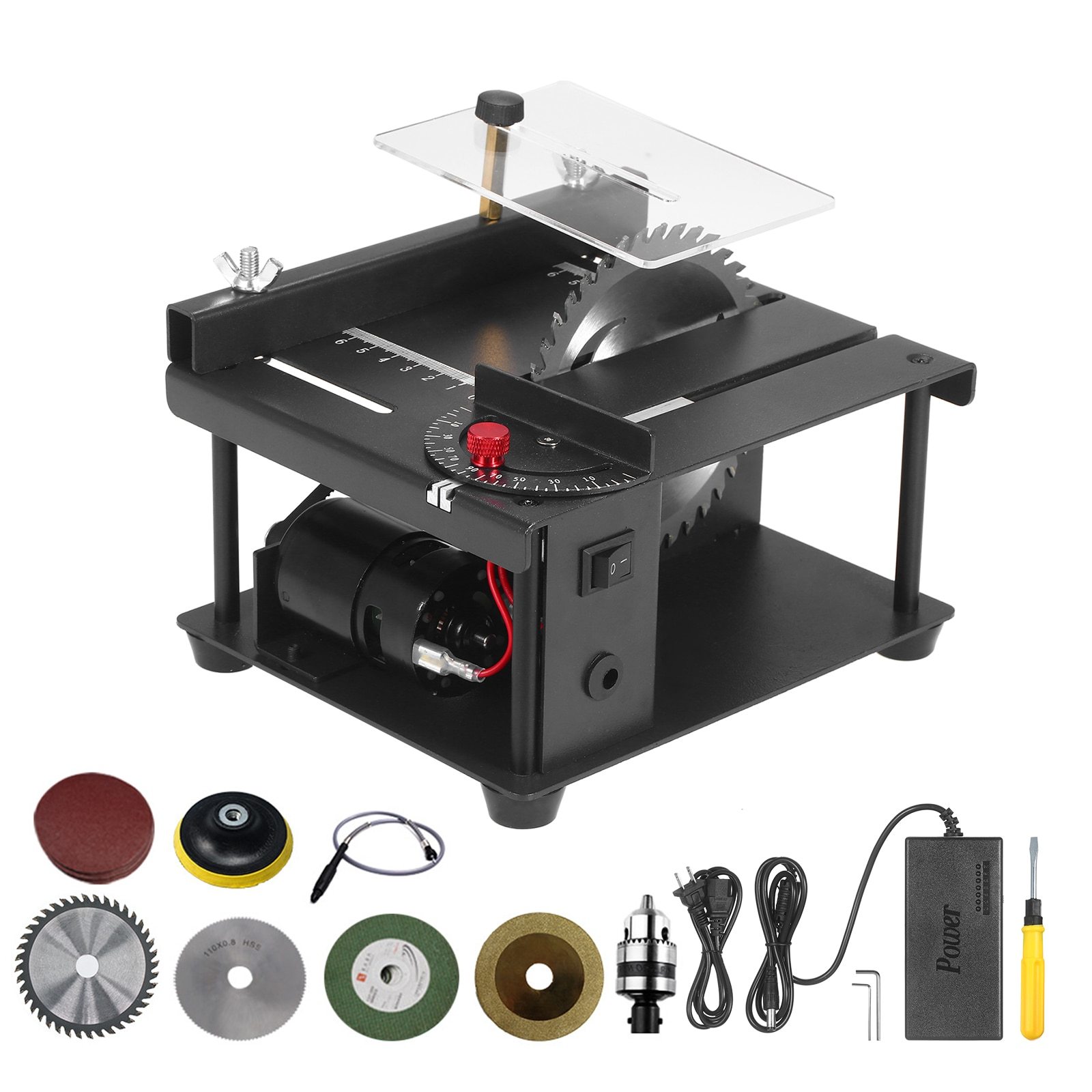 Table Saw Mini Desktop Cutter with adjustable speed and grinding wheel, designed for precise wood cutting.