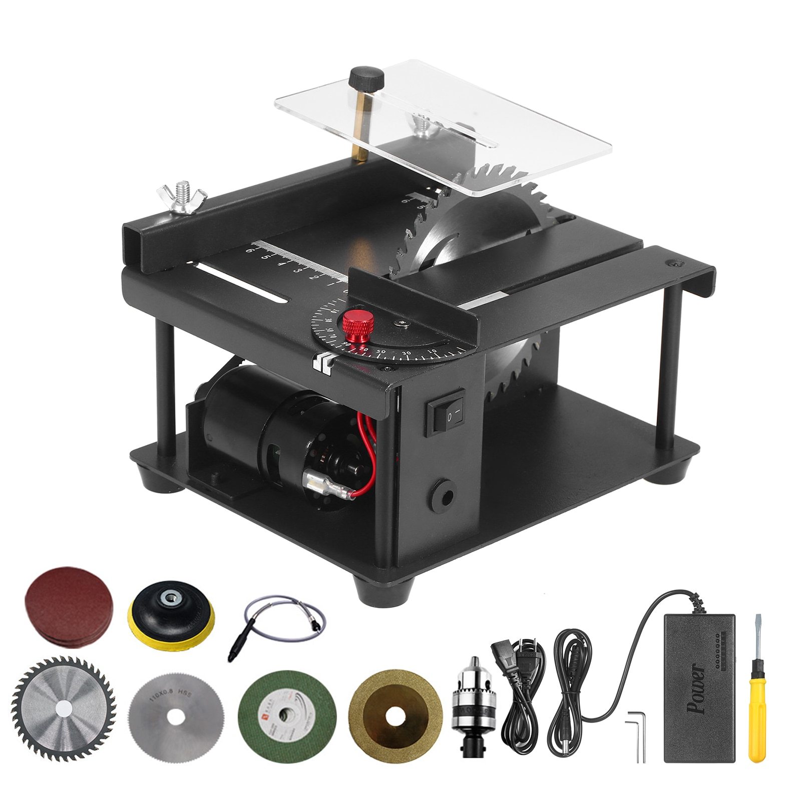 Table Saw Mini Desktop Cutter with adjustable speed and grinding wheel, designed for precise wood cutting.