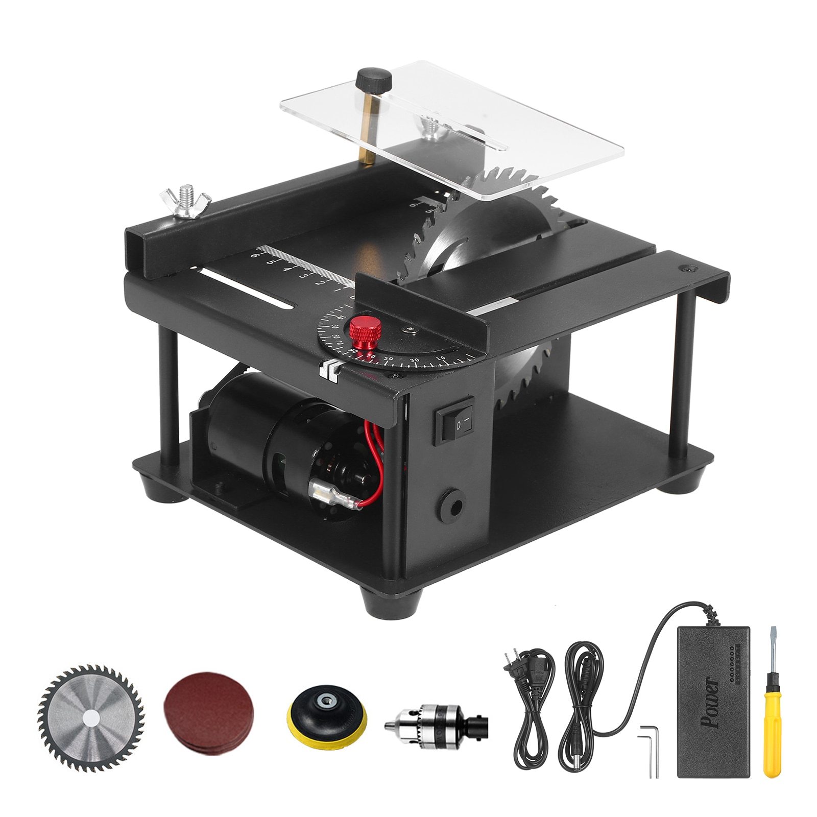 Table Saw Mini Desktop Cutter with adjustable speed and grinding wheel, designed for precise wood cutting.