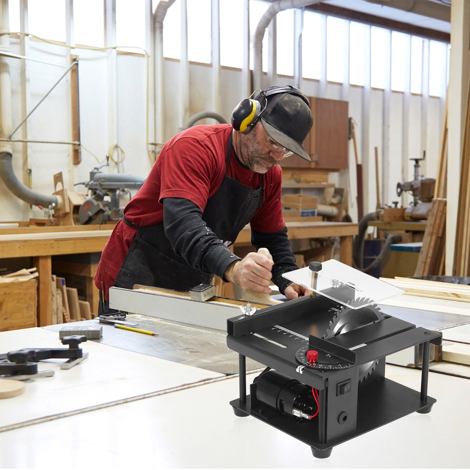 Table Saw Mini Desktop Cutter with adjustable speed and grinding wheel, designed for precise wood cutting.