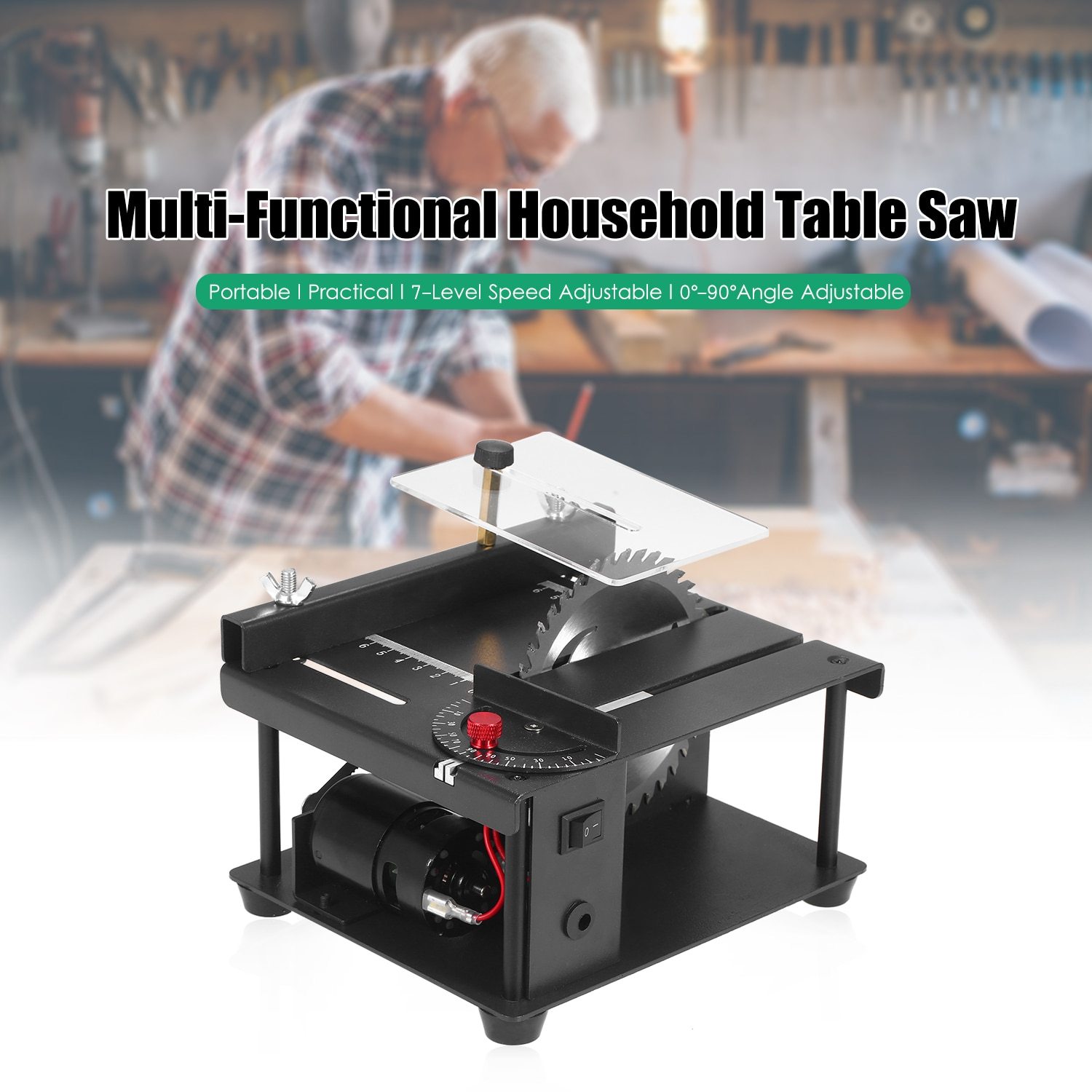 Table Saw Mini Desktop Cutter with adjustable speed and grinding wheel, designed for precise wood cutting.