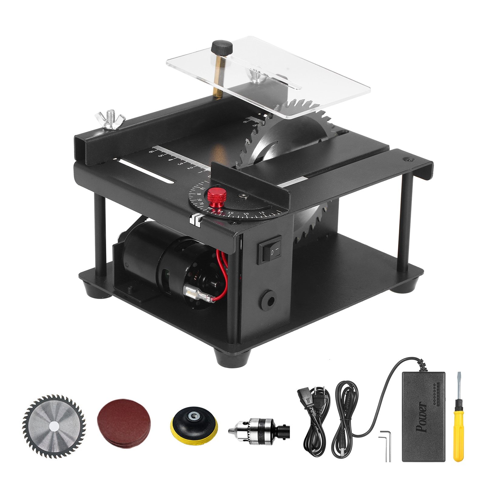 Table Saw Mini Desktop Cutter with adjustable speed and grinding wheel, designed for precise wood cutting.