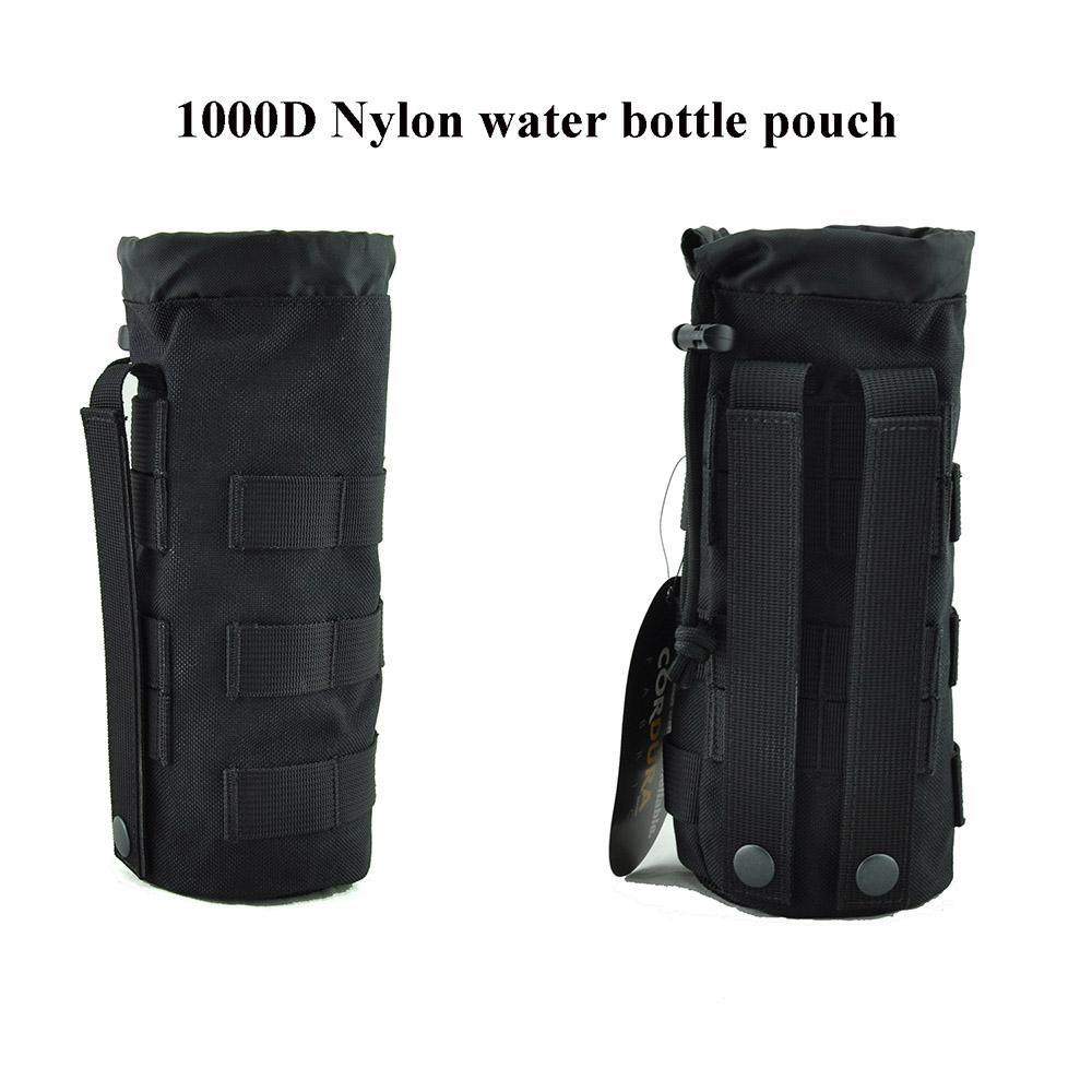 Tactical Drawstring Water Bottle Pouch made of durable 1000D nylon, featuring a drawstring closure and camouflage pattern, ideal for outdoor activities.