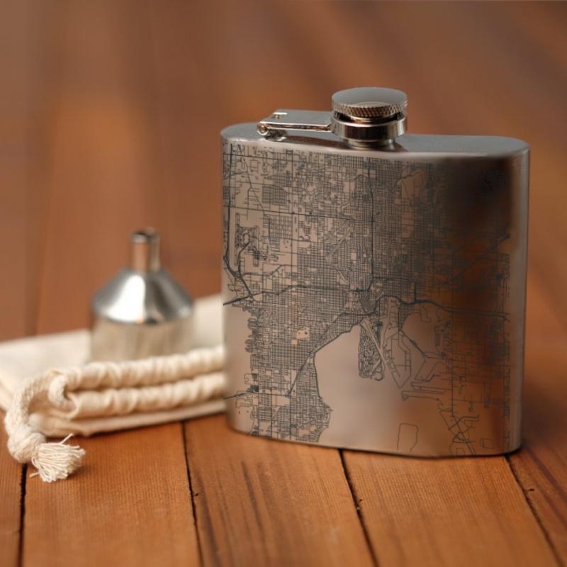 Custom engraved Tampa Florida map on a 6oz hip flask with a funnel and canvas bag.