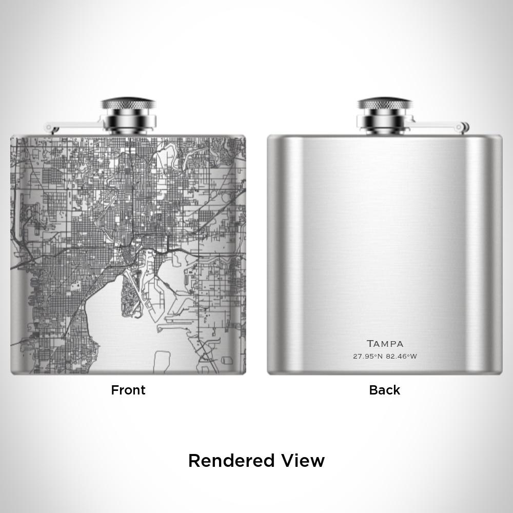 Custom engraved Tampa Florida map on a 6oz hip flask with a funnel and canvas bag.