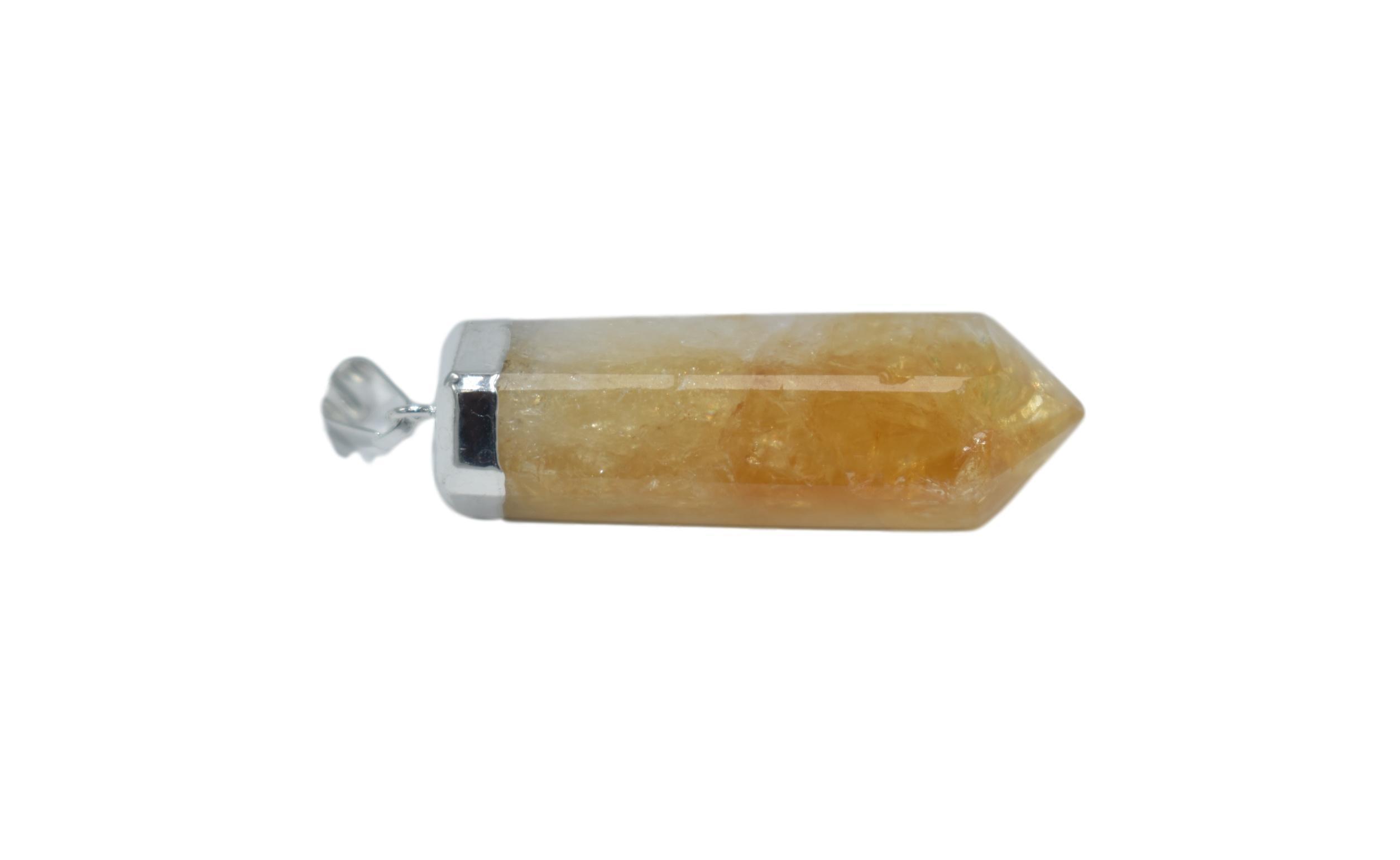 A collection of Tapered Point Pendants featuring various gemstones like clear quartz, rose quartz, amethyst, and citrine, set in gold and silver trim.