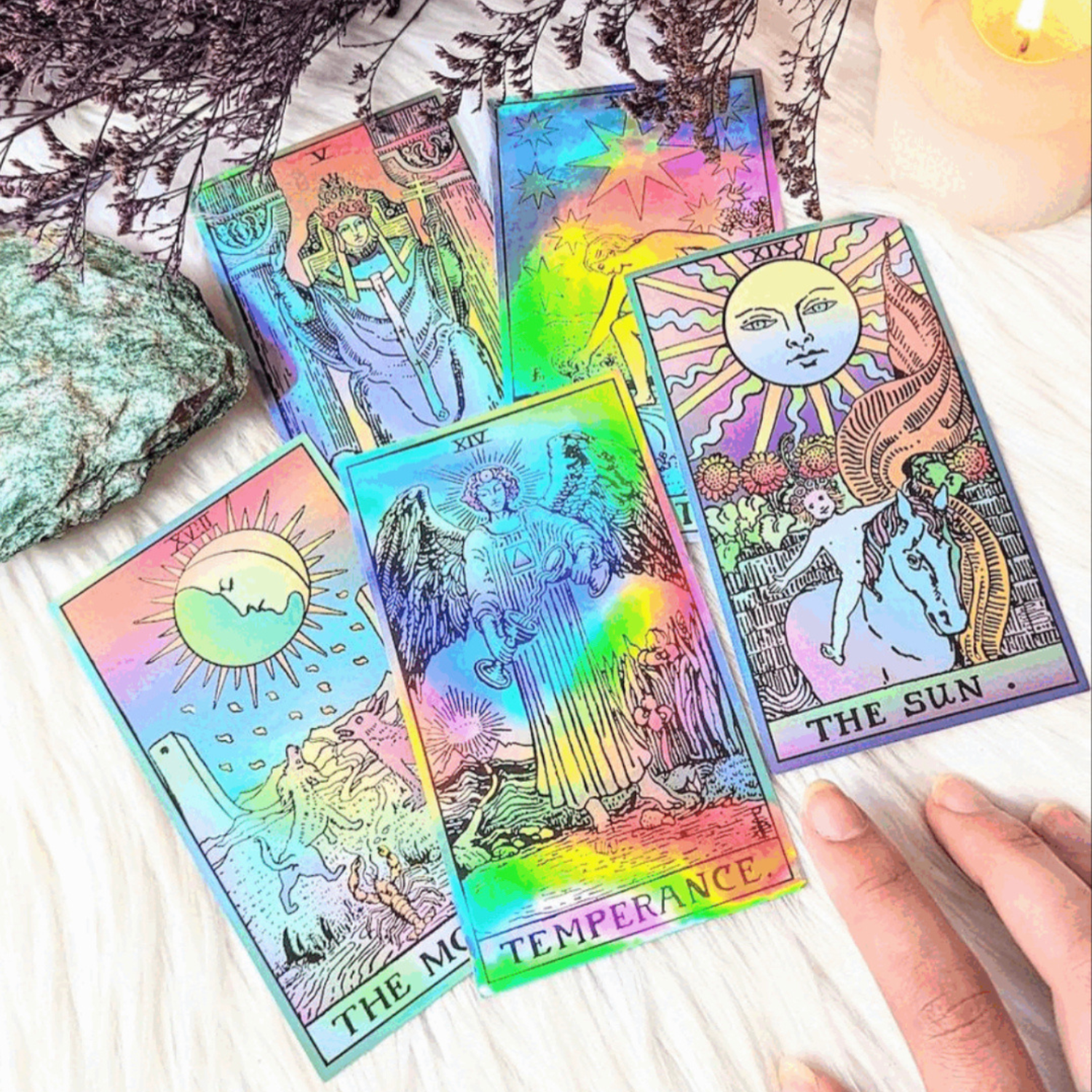 A set of 22 large holographic tarot card stickers featuring Major Arcana designs with a rainbow sheen, perfect for Tarot enthusiasts.