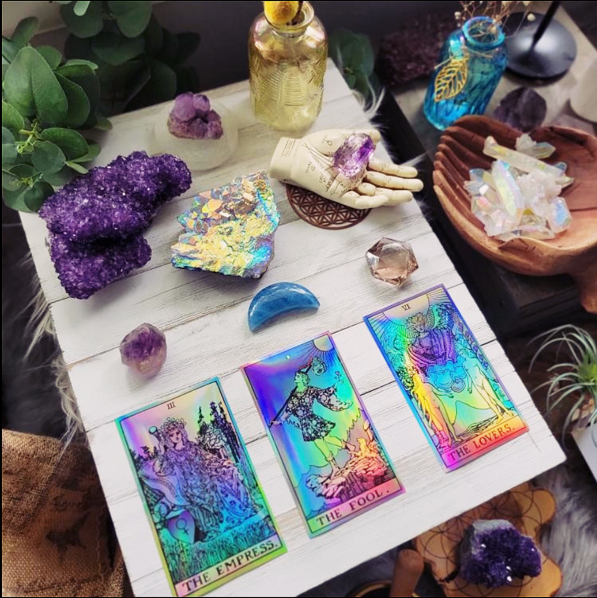 A set of 22 large holographic tarot card stickers featuring Major Arcana designs with a rainbow sheen, perfect for Tarot enthusiasts.