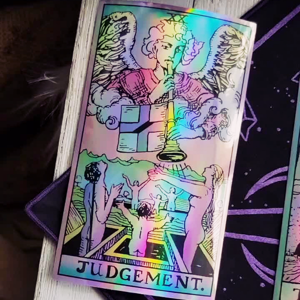 A set of 22 large holographic tarot card stickers featuring Major Arcana designs with a rainbow sheen, perfect for Tarot enthusiasts.