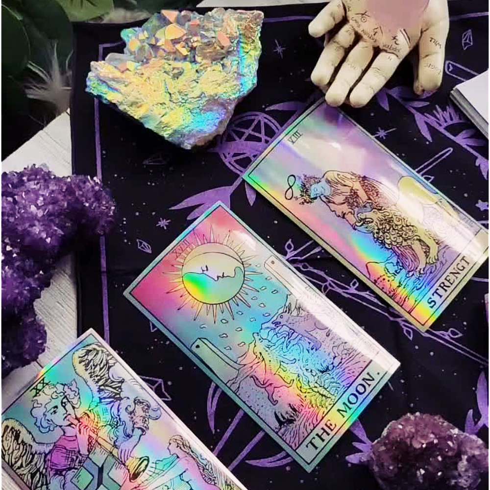 A set of 22 large holographic tarot card stickers featuring Major Arcana designs with a rainbow sheen, perfect for Tarot enthusiasts.