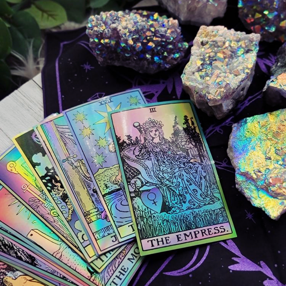 A set of 22 large holographic tarot card stickers featuring Major Arcana designs with a rainbow sheen, perfect for Tarot enthusiasts.