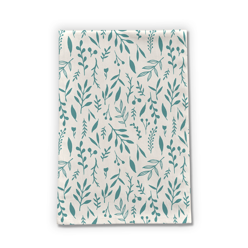 Teal Falling Leaves Tea Towel featuring a beautiful nature-inspired design on cotton twill fabric, perfect for kitchen use.