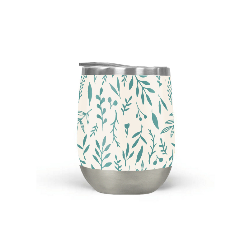 Teal Falling Leaves Wine Tumbler with double-wall insulation and a vibrant design, perfect for outdoor use.