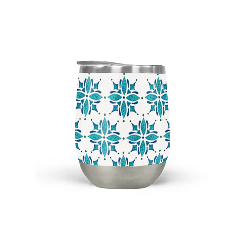 Teal Tile Wine Tumbler with double-wall insulation and plastic lid, perfect for outdoor use.