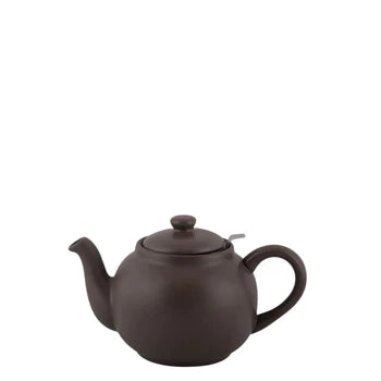 Handmade stoneware teapot with stainless steel strainer, 0.9-liter capacity, featuring unique color and glaze variations.