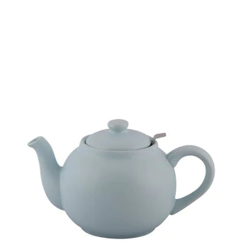 Handmade 1.5-liter stoneware teapot with stainless steel strainer, showcasing unique color and glaze variations.