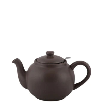 Handmade 1.5-liter stoneware teapot with stainless steel strainer, showcasing unique color and glaze variations.