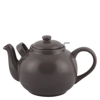 Handmade 2.5-liter stoneware teapot with stainless steel strainer, showcasing unique color and glaze variations.