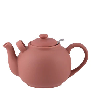 Handmade 2.5-liter stoneware teapot with stainless steel strainer, showcasing unique color and glaze variations.