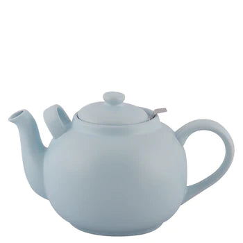 Handmade 2.5-liter stoneware teapot with stainless steel strainer, showcasing unique color and glaze variations.