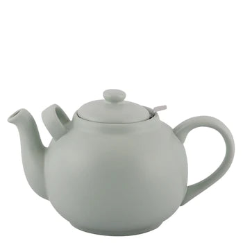 Handmade 2.5-liter stoneware teapot with stainless steel strainer, showcasing unique color and glaze variations.