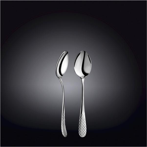 A beautifully arranged set of six 5.5-inch stainless steel teaspoons in an elegant gift box, showcasing their high polish finish.