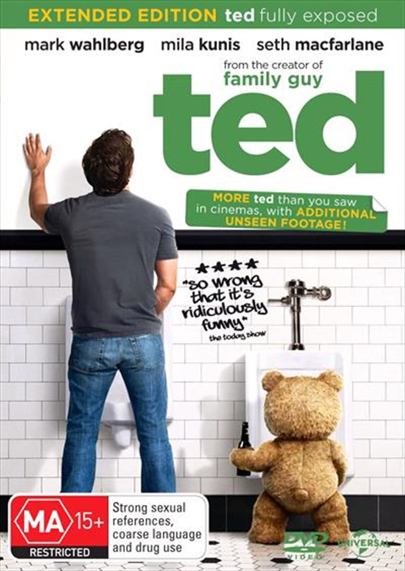 Ted DVD cover featuring a teddy bear and Mark Wahlberg, showcasing the film's comedic theme.