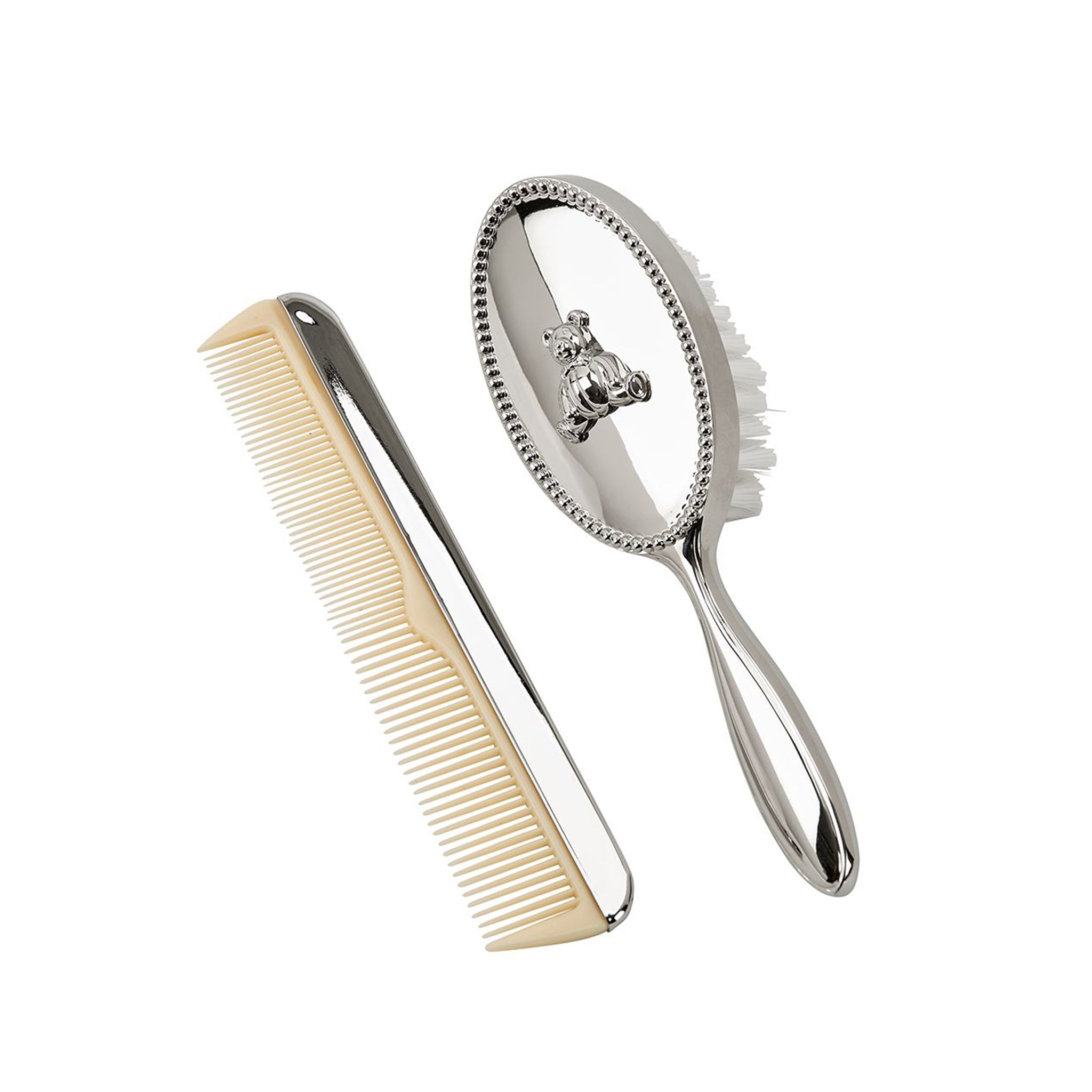 Teddy Bear Comb and Brush Set featuring a charming teddy bear design with a nickel plated finish.