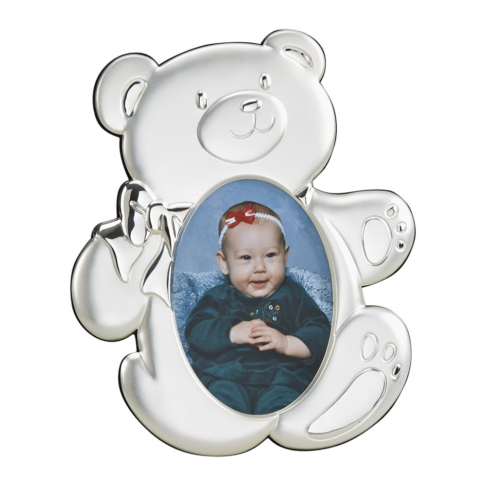 Teddy Bear Frame with satin body and silver details, holding a 3.25" x 5" photo.